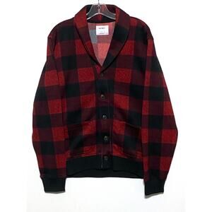 Old Navy Cardigan Sweater Jacket Mens L Red Buffalo Plaid Shawl‎ Collar Outdoors